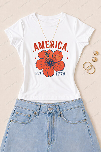 SVART WEAR Γυναικείο μπλουζάκι αμερικάνικου τύπου Hibiscus με στάμπα από βαμβ...