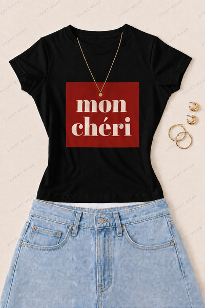 SVART WEAR Γυναικείο μπλουζάκι Mon Chéri με στάμπα από βαμβάκι και λύκρα, στε...