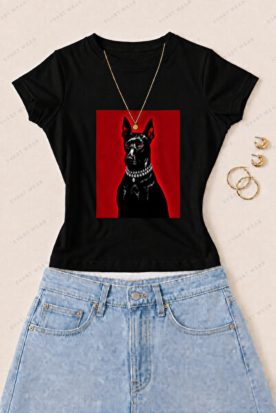 SVART WEAR Γυναικείο μπλουζάκι με πορτρέτο Doberman, εμπριμέ, από βαμβάκι και...