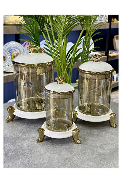 Doğudeko Lux Nisara 3-Piece Porcelain Glass Jar White Avangarde