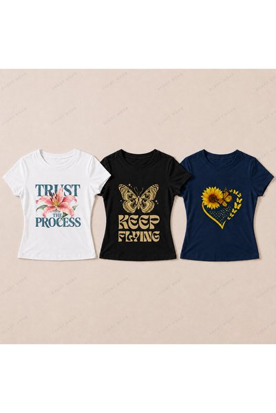 SVART WEAR Ženski set od 3 komada pamučne lycra majice uz tijelo sa motivom c...