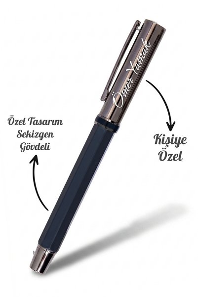 Giftino Kişiye Özel Kalem İsim Baskılı Sekizgen Gövdeli Metal Roller Kalem - Füme Kapak Siyah Renk Hediyelik İmza Roller Kalemi Kutulu