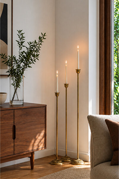 AA HomeLight 3'lü Dekoratif Uzun Yer Şamdanı Seti 90-100-110 cm Metal Mumluk