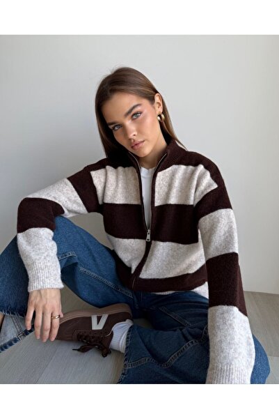 Cistern İstanbul Women's Striped Zippered Knit Cardigan