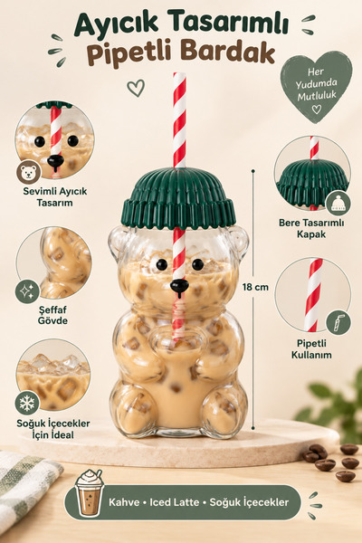 DOVİHOME Teddy Bear Design Cold Drink Cup with Straw – Transparent Body, with...
