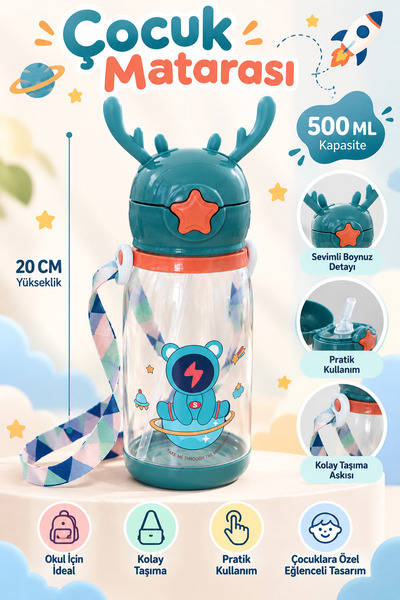 DOVİHOME Çocuk Matarası 500 ML – Pipetli, Askılı ve Boynuz Detaylı Okul Su Ma...