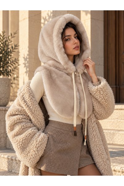 Luminos Butik Kadın Bej Kapüşonlu Peluş Boyunluk BYN06