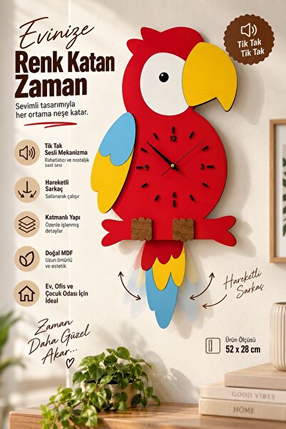 ALGWOOD Papağan Duvar Saati 52x28 cm Hareketli Sarkaçlı Sesli Tik Tak MDF Dek...