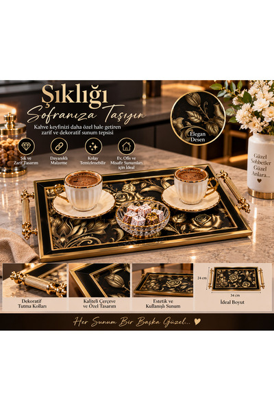Genel Markalar Gold Kenarlı Dekoratif Sunum Tepsisi – Şık ve Modern Servis Te...