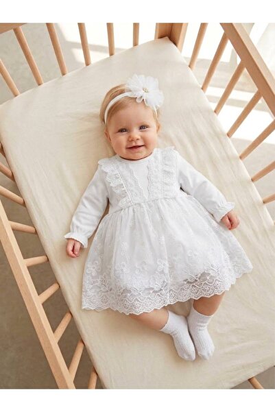 Bebila Baby Kız Bebek Mevlütlük Elbise Bandanalı Dantelli Yenidoğan Hastane ç...