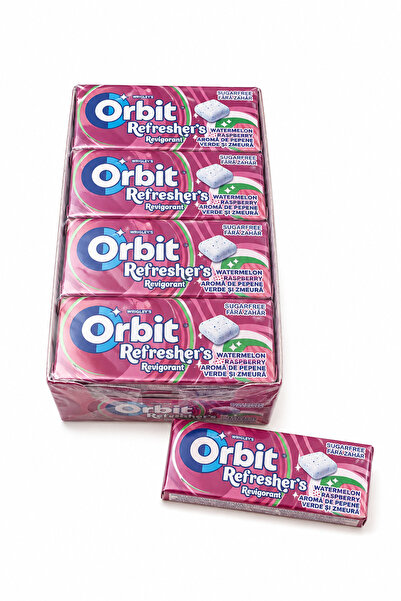 Orbit Refreshers Watermelon & Raspberry – Gumă Fără Zahăr cu Aromă de Pepene Verde și Zmeură, 12 pachete x 17,9 g