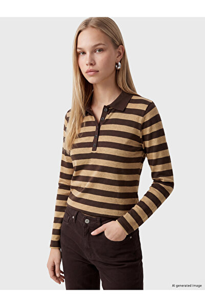 LC Waikiki Rmz Gi̇yi̇m Farkiyla Devrik Roba Collar Striped Women's T-Shirt