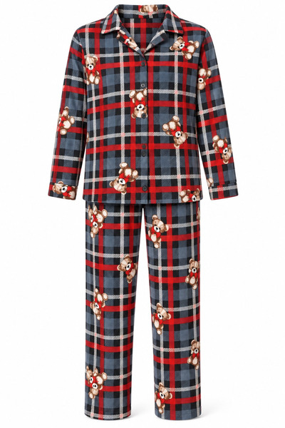 Albie Green Plaid Bear Patterned Winter Pajama Set with Buttons