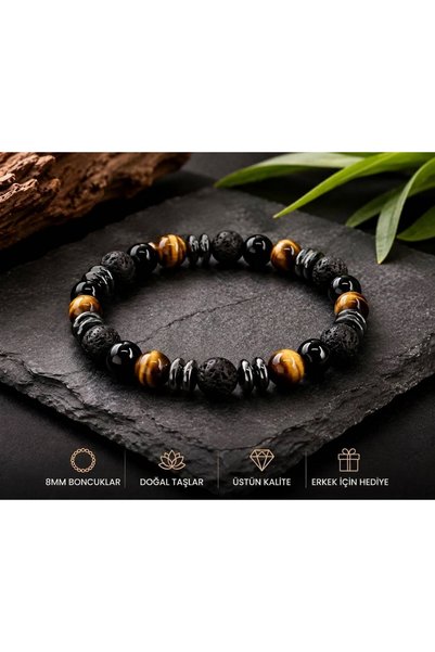 Taşmir Tiger's Eye, Lava Stone, Black Onyx, Hematite Bracelet, 8 mm Natural S...