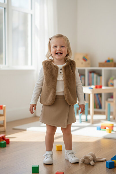 ışık kids Kız Çocuk Krem Peluş Yelekli Bluz ve Etek Takım