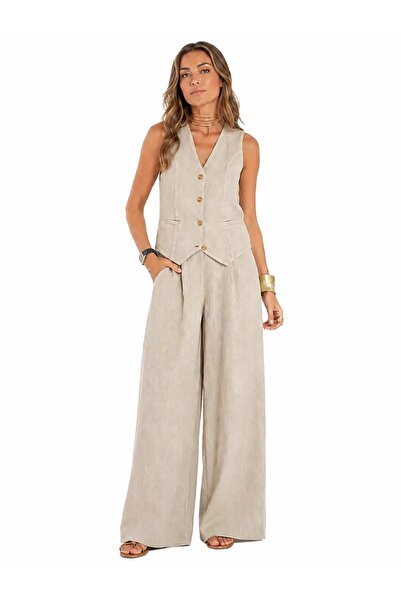 CHARMÉE Compleu vestă damă din in cu pantaloni largi, crem sau bleu, Crem