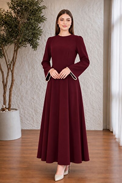 MAG FASHİON Hijab Dress with Pearl Detail on the Sleeve, Burgundy Hijab Dress...