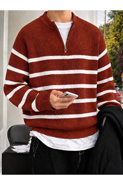 threeoff Men's Striped Knitwear Sweater Half Zipper Stand Collar Oversize Rib...