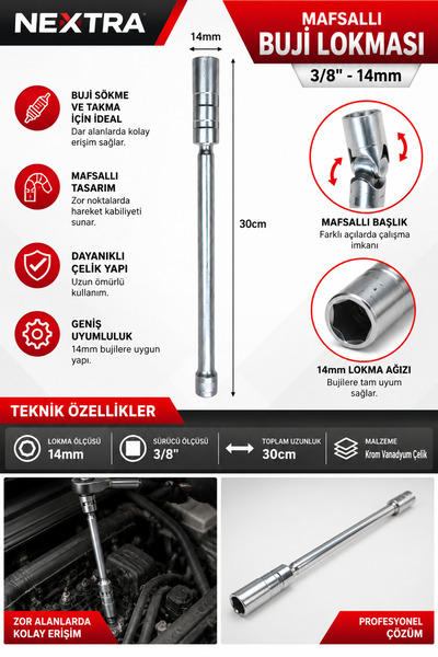 NEXTRA 3/8" 14mm Mafsallı Buji Lokması 30cm Uzun Buji Sökme Takma Anahtarı