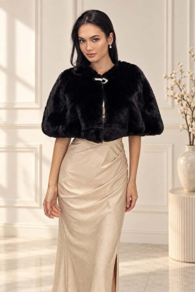 FashionForYou Bolero faux fur PAOLLA, brooch-style fastening, Black, Size One...
