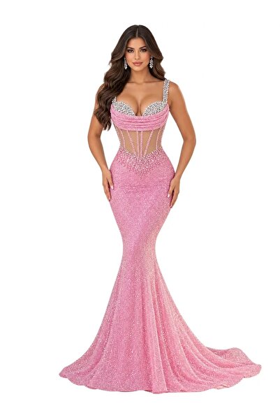 CHARMÉE Rochie sirenă roz cu paiete și corset transparent, Roz