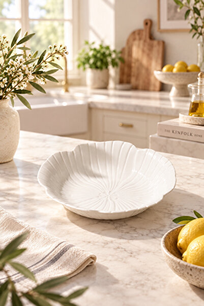 welcomein Porselen Çukur Tabak 19 CM – Çiçek Formlu Beyaz Salata, Makarna ve ...