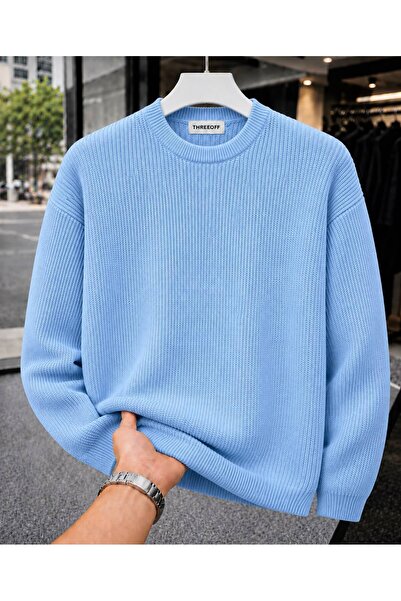 threeoff Men's Regular Fit Crew Neck Braided Knitwear
