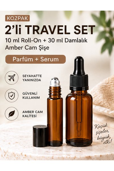 Kozpak 2'li Travel Set 10 ml Roll-On ve 30 ml Damlalıklı Amber Cam Şişe Parfü...