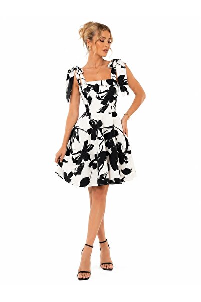 CHARMÉE Rochie de cocktail scurtă cu funde pe umeri, albă sau bej, Alb