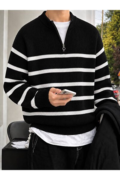 threeoff Men's Striped Knitwear Sweater Half Zipper Stand Collar Oversize Rib...