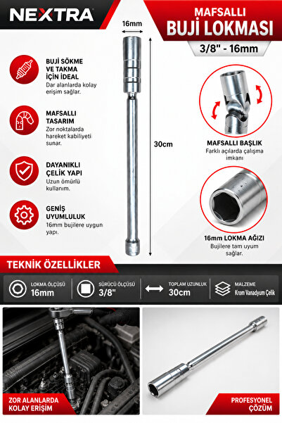 NEXTRA 3/8" 16mm Mafsallı Buji Lokması 30cm Uzun Buji Sökme Takma Anahtarı