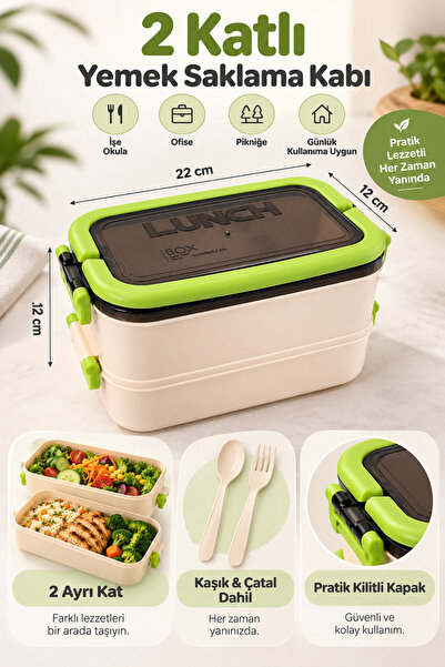 DOVİHOME 2-Tier Food Storage Container 1800 ml – Lockable Lunch Box with Spoo...