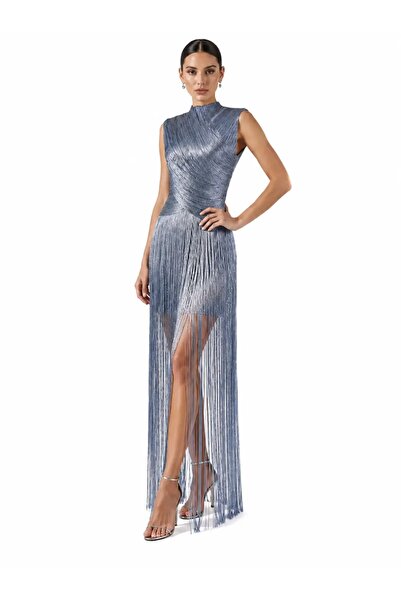 CHARMÉE Rochie lungă elegantă bleu cu franjuri și guler înalt, Bleu