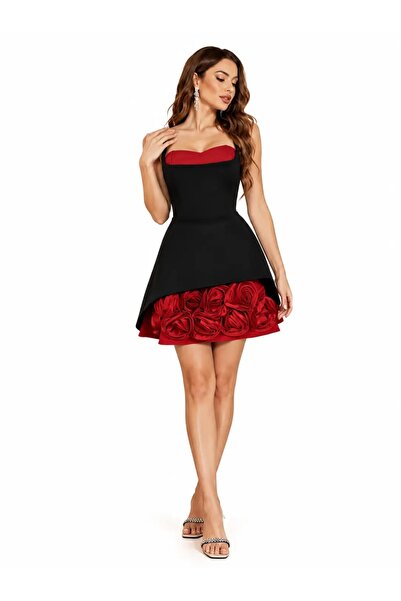 CHARMÉE Rochie roșie elegantă scurtă cu trandafiri 3D și peplum, Negru