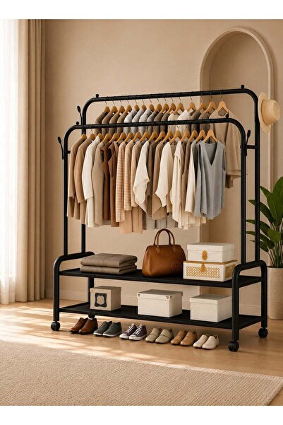 Roman Gifts Premium Double-Rod Garment Rack with Wheels & Bottom Storage Shel...