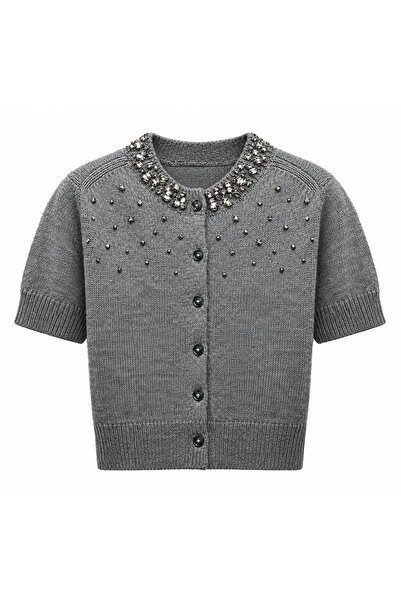 Julidress Stone Detailed Short Gray Cardigan