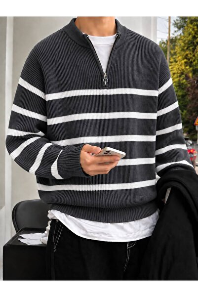 threeoff Men's Striped Knitwear Sweater Half Zipper Stand Collar Oversize Rib...