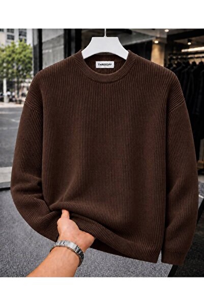 threeoff Men's Regular Fit Crew Neck Braided Knitwear