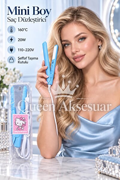 QUEEN AKSESUAR Mini Boy mavi Saç Düzleştirici Şeffaf Taşıma Kutulu 160°C 20W ...