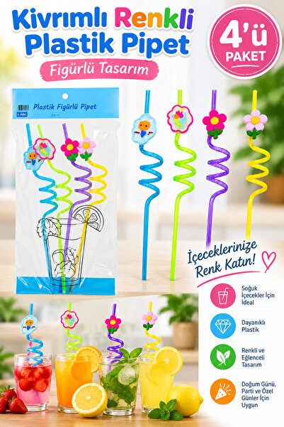Yenilig Set of 4 Curved Colorful Plastic Straws – Decorative Straws with Figu...