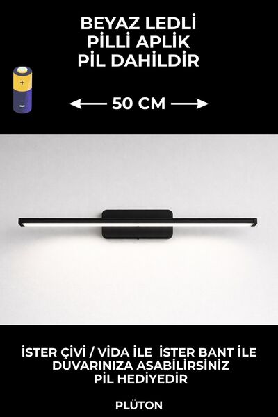 Mikasso Modern Kablosuz Tak Çalıştır Ledli Pilli Aplik (50CM) Siyah Pil Dahil...