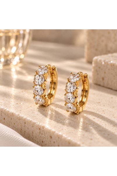 Kadın Gold Beş Taşlı Zirkon Halka Küpe – Işıltılı Klipsli Model
