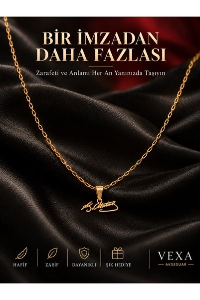 Vexa Aksesuar Ataturk Signed Steel Necklace Ghost Chain Women Men Unisex Gift in Box