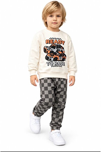 ninita kids Boys' Car Printed Tracksuit Set – Sweatshirt & Plaid Jogger Pants