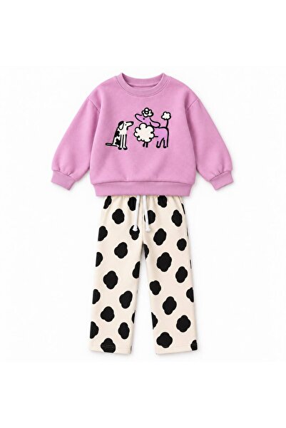 YİGİT BUTİK Girl's Cute Animal Printed Sweatshirt and Patterned Pants Top and...