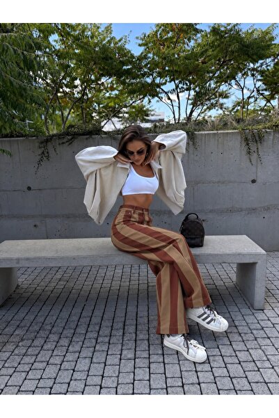 LOKADI Women's Brown Striped High Waist Wide Leg Wide Leg Jean Trousers