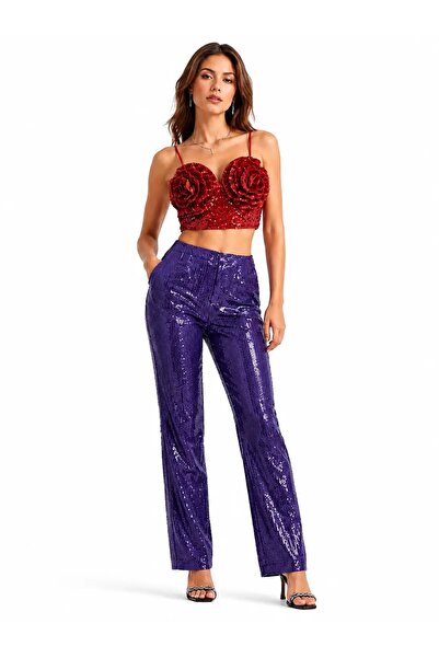 CHARMÉE Compleu damă elegant cu bustieră roșie cu paiete și pantaloni mov, Mov