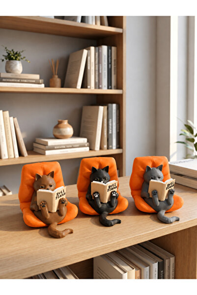 IL-HANST 3'Lü set Kitap Okuyan Kedi Figürü kitaplık süsü,tatlı masa süsü ,Tur...