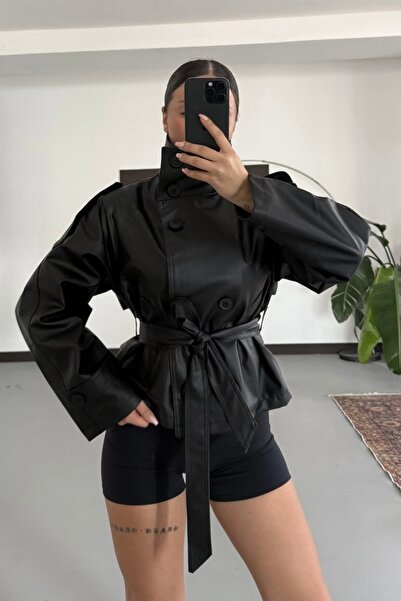 gm giyimarket Noul sezon guler ridicat Trench scurt piele
