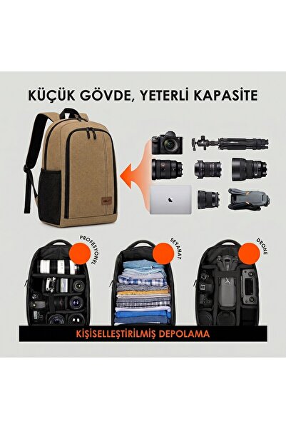 AZT Çok Amaçlı Drone , DSLR ve Aynasız Fotograf Makinesi Laptop Notebook Bölmeli Sırt Çantası Backpack Bej Camel Kanvas Çanta